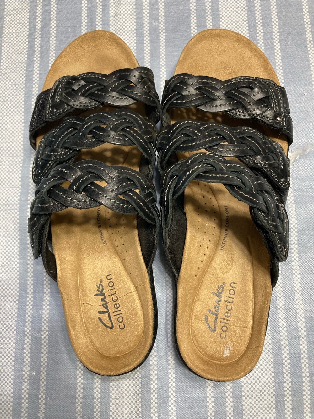 Clarks “Ultimate Comfort” black braided sandals.
